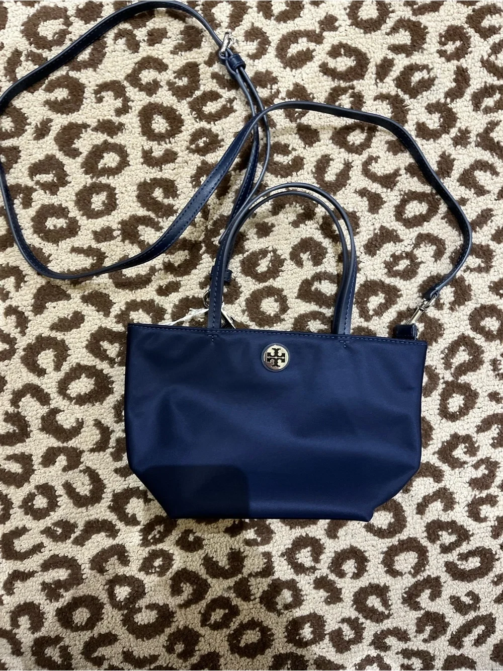 Tory Burch nylon printed mini tote with shoulder strap pattern color navy blue